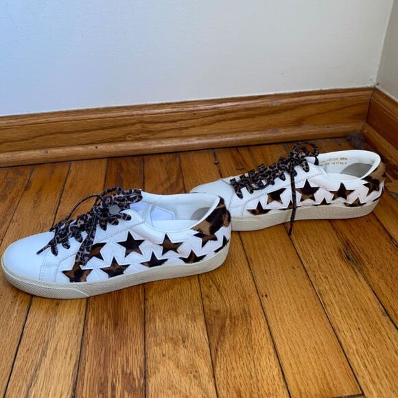 AUTHENTICATED Saint Laurent Leopard print Star Court Sneakers size 35.5 5.5 - Picture 4 of 11